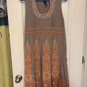 INC International Concepts Gray and Orange Embroidered Midi Dress